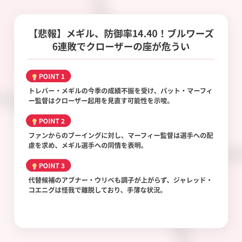 【悲報】メギル、防御率14.40！ブルワーズ6連敗でクローザーの座が危ういの注目ポイントまとめ