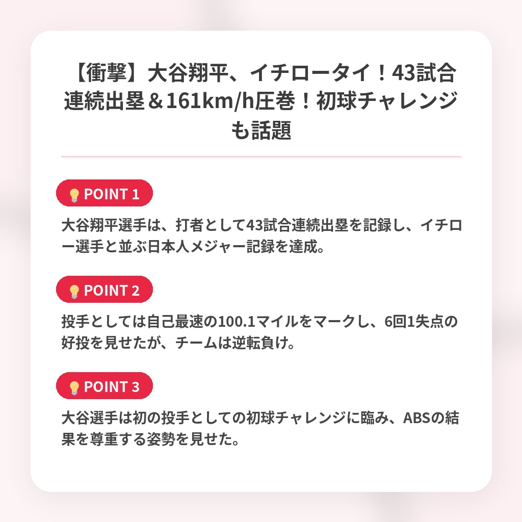 【衝撃】大谷翔平、イチロータイ!43試合連続出塁&161km/h圧巻!初球チャレンジも話題の注目ポイントまとめ