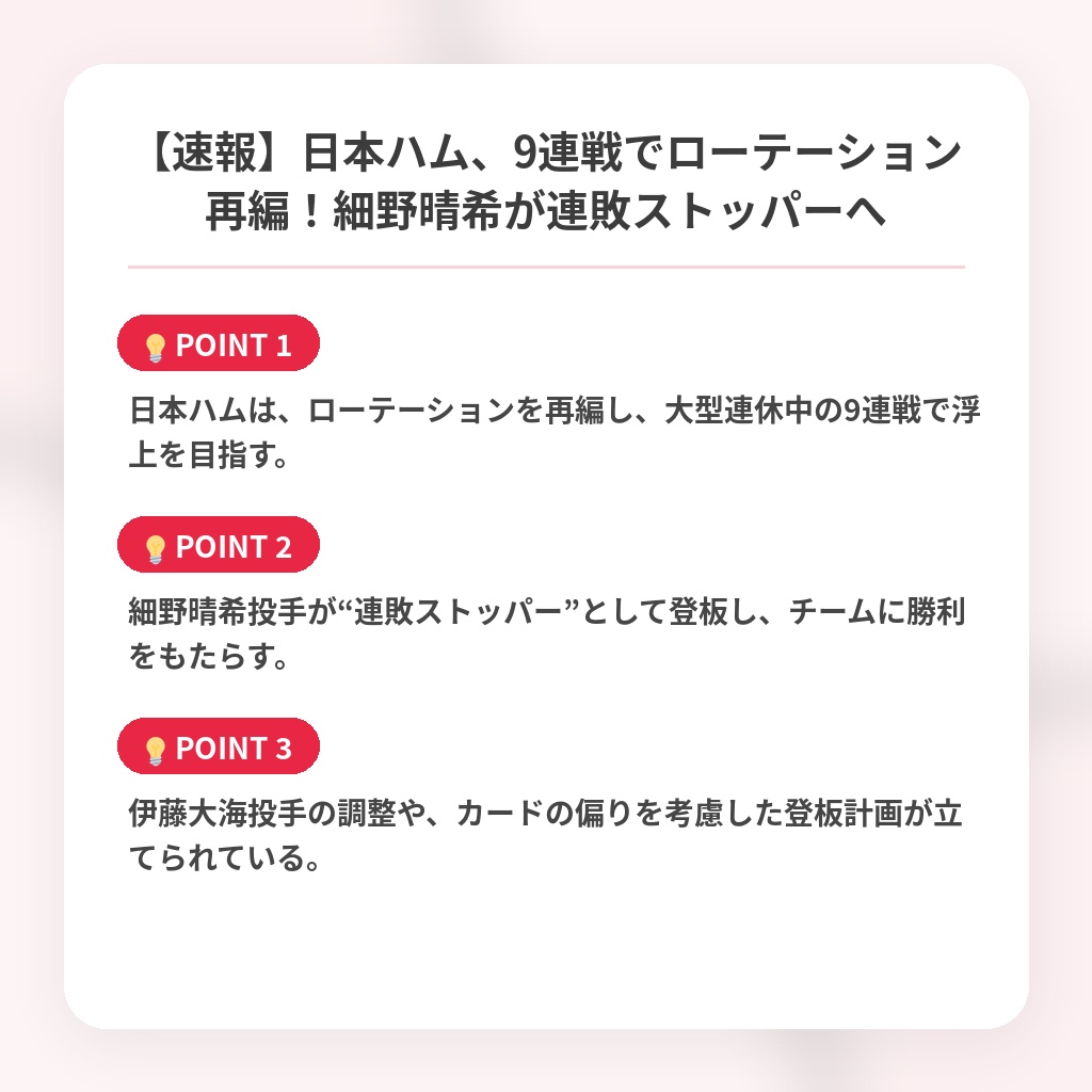 【速報】日本ハム、9連戦でローテーション再編！細野晴希が連敗ストッパーへの注目ポイントまとめ