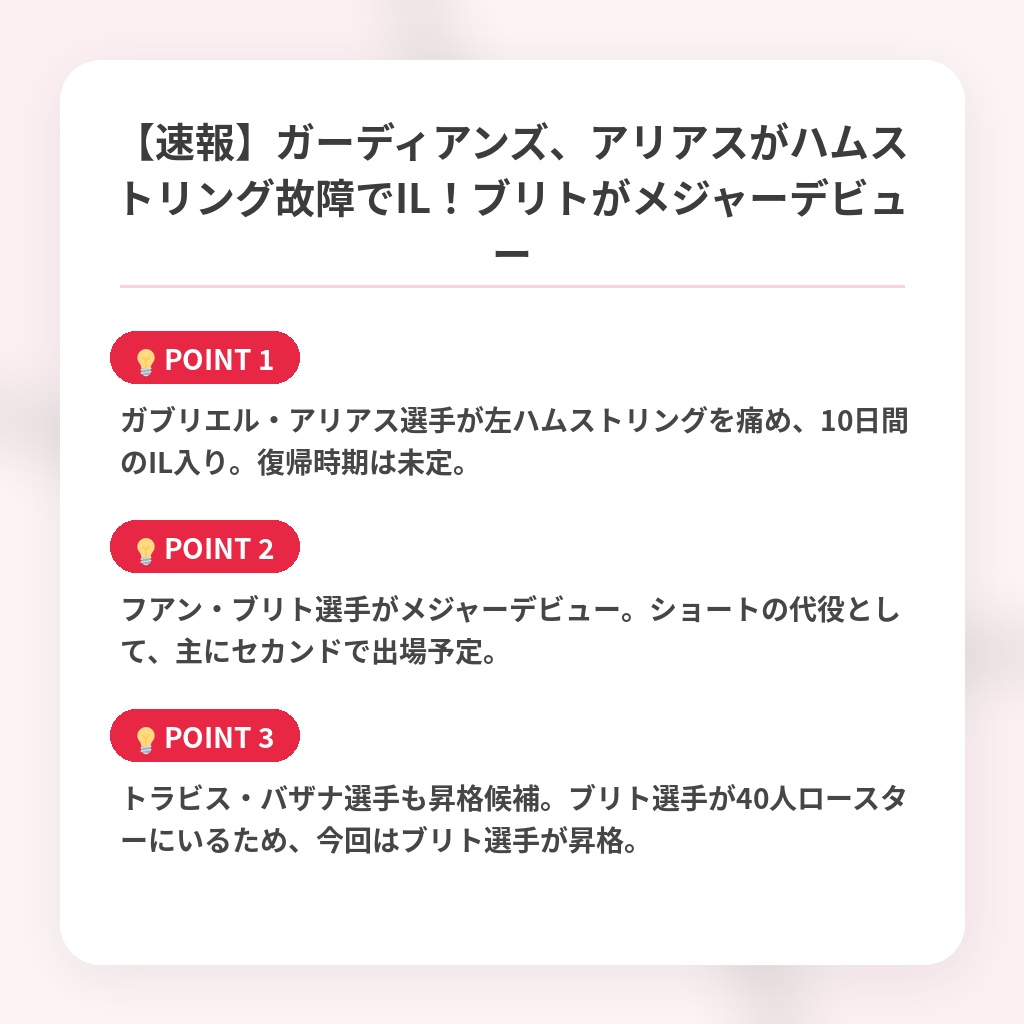 【速報】ガーディアンズ、アリアスがハムストリング故障でIL！ブリトがメジャーデビューの注目ポイントまとめ