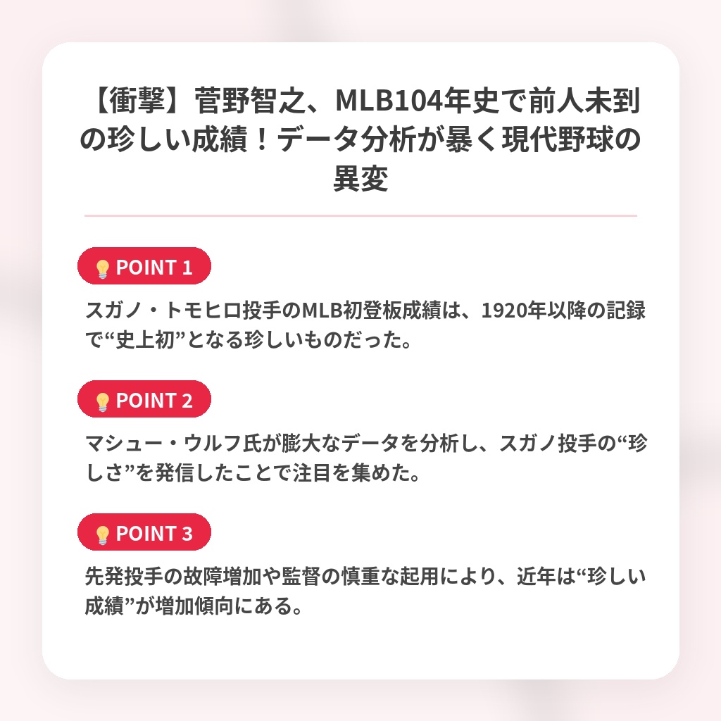 【衝撃】菅野智之、MLB104年史で前人未到の珍しい成績！データ分析が暴く現代野球の異変の注目ポイントまとめ