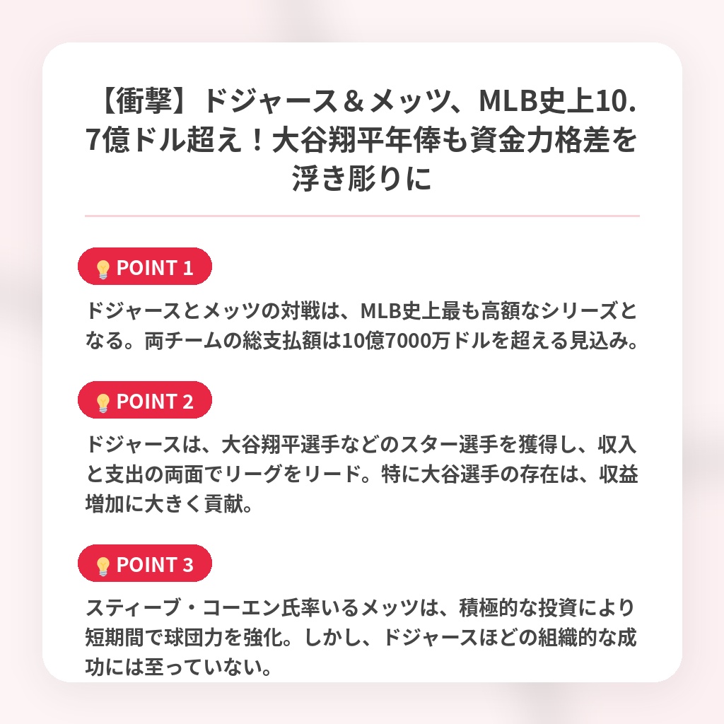 【衝撃】ドジャース＆メッツ、MLB史上10.7億ドル超え！大谷翔平年俸も資金力格差を浮き彫りにの注目ポイントまとめ