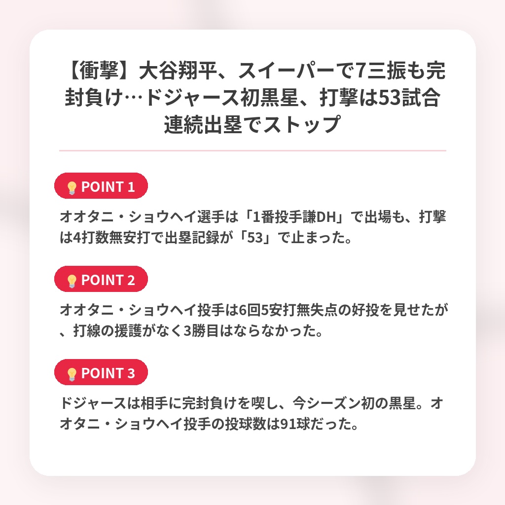 【衝撃】大谷翔平、スイーパーで7三振も完封負け…ドジャース初黒星、打撃は53試合連続出塁でストップの注目ポイントまとめ