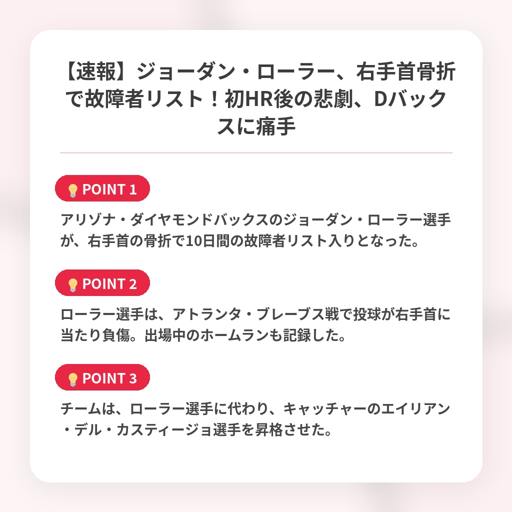 【速報】ジョーダン・ローラー、右手首骨折で故障者リスト！初HR後の悲劇、Dバックスに痛手の注目ポイントまとめ