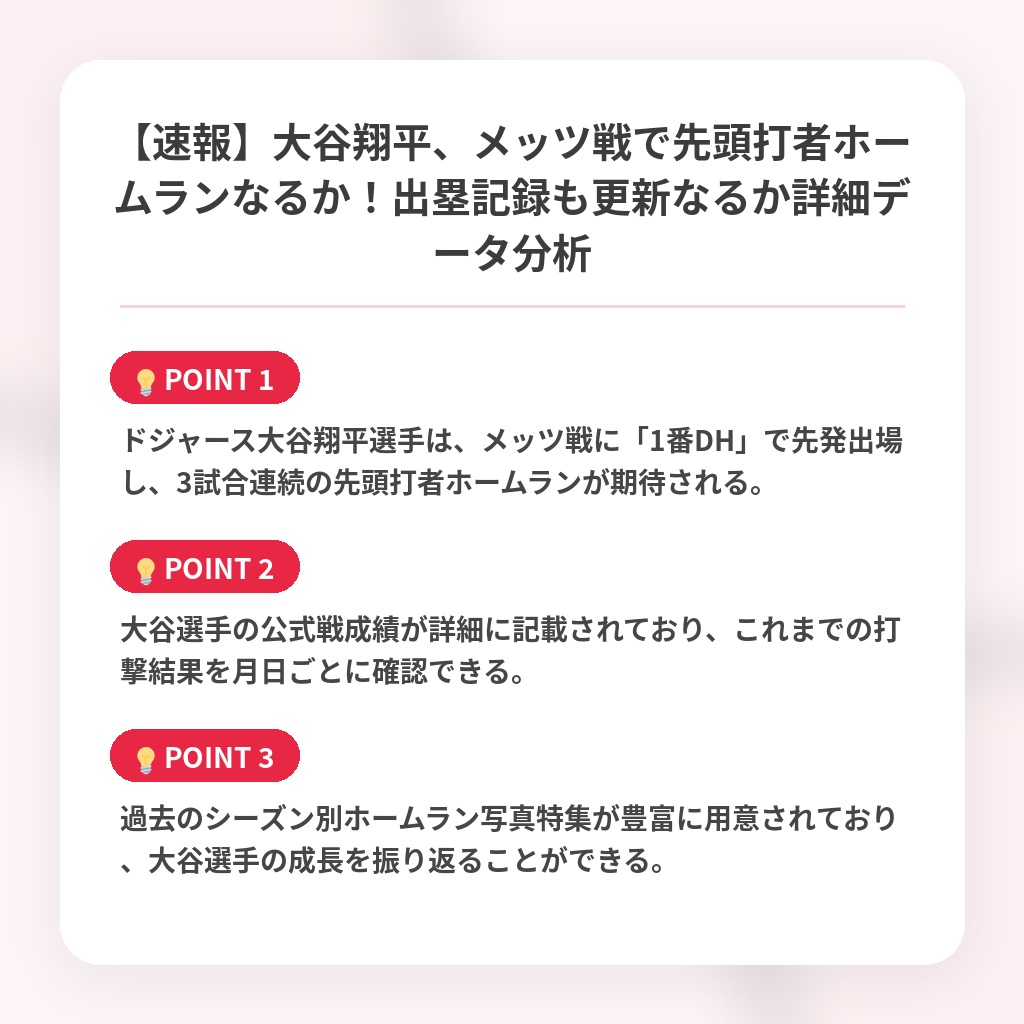 【速報】大谷翔平、メッツ戦で先頭打者ホームランなるか!出塁記録も更新なるか詳細データ分析の注目ポイントまとめ