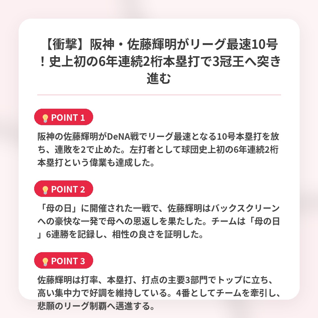 【衝撃】阪神・佐藤輝明がリーグ最速10号！史上初の6年連続2桁本塁打で3冠王へ突き進むの注目ポイントまとめ