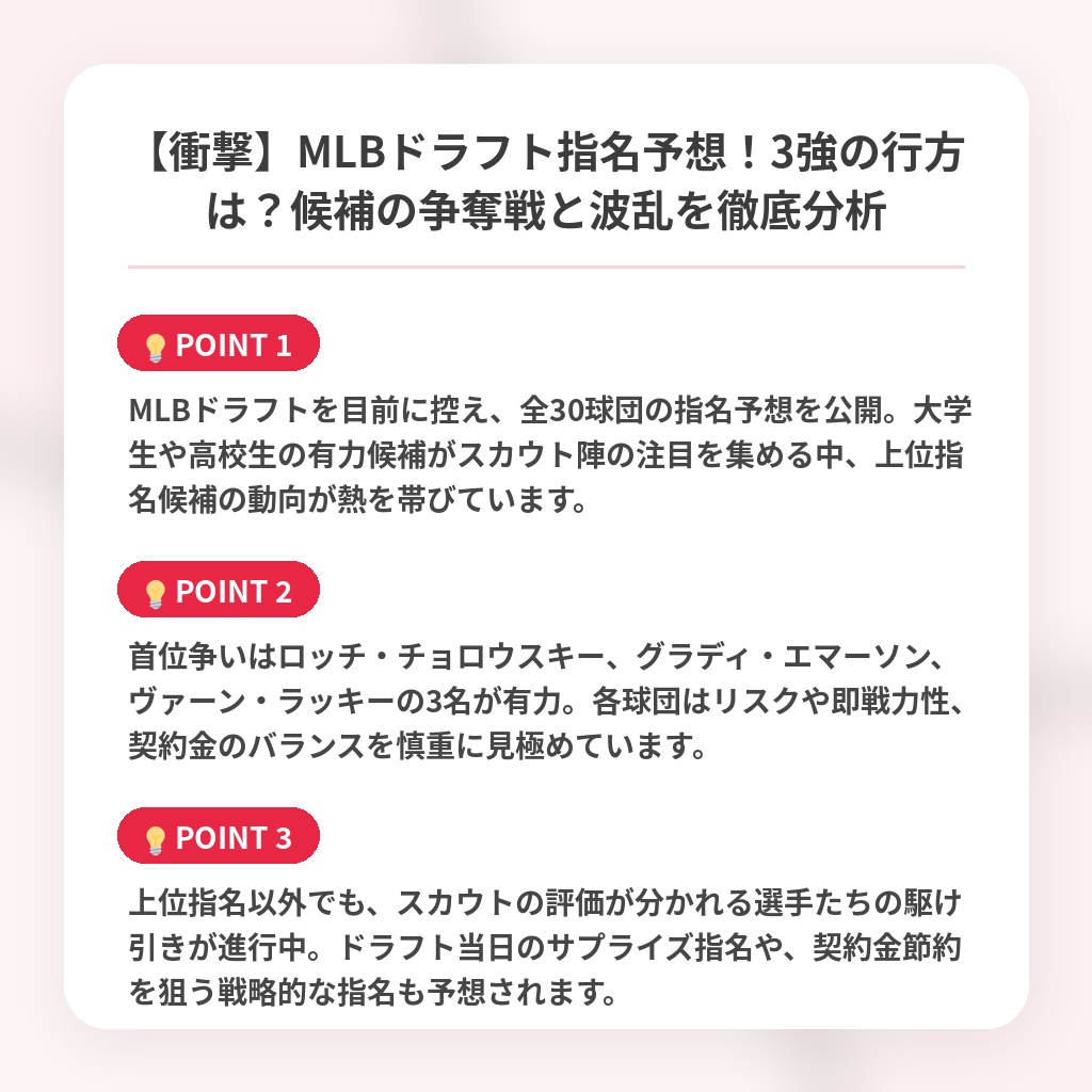 【衝撃】MLBドラフト指名予想！3強の行方は？候補の争奪戦と波乱を徹底分析の注目ポイントまとめ
