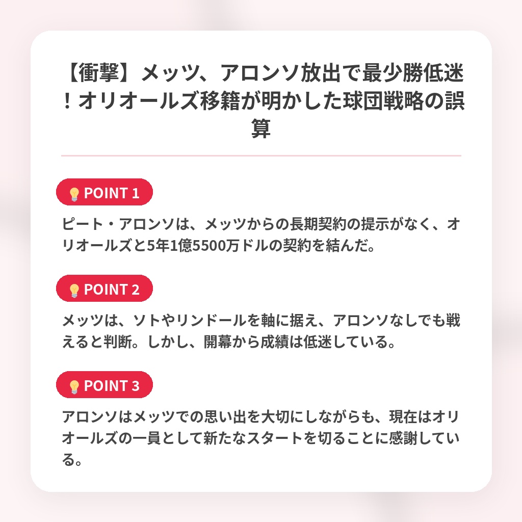 【衝撃】メッツ、アロンソ放出で最少勝低迷！オリオールズ移籍が明かした球団戦略の誤算の注目ポイントまとめ