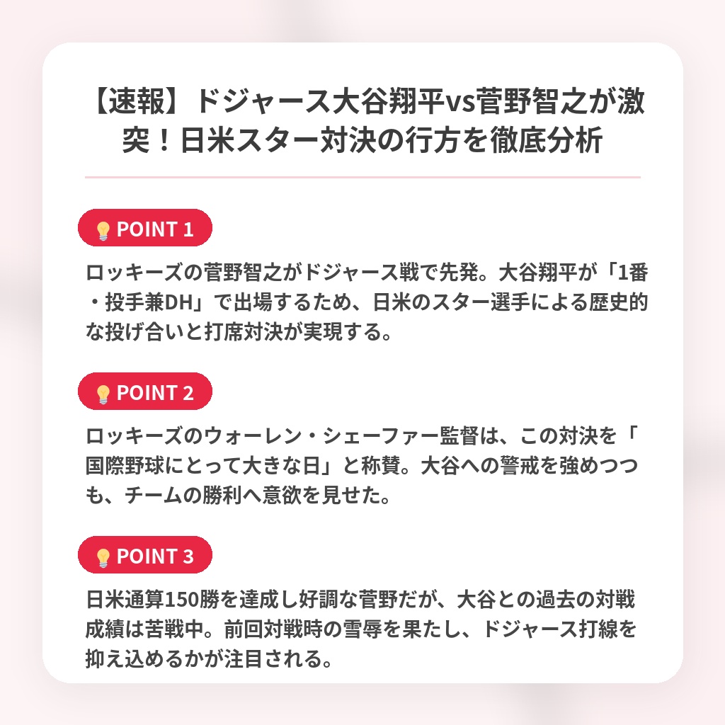【速報】ドジャース大谷翔平vs菅野智之が激突！日米スター対決の行方を徹底分析の注目ポイントまとめ
