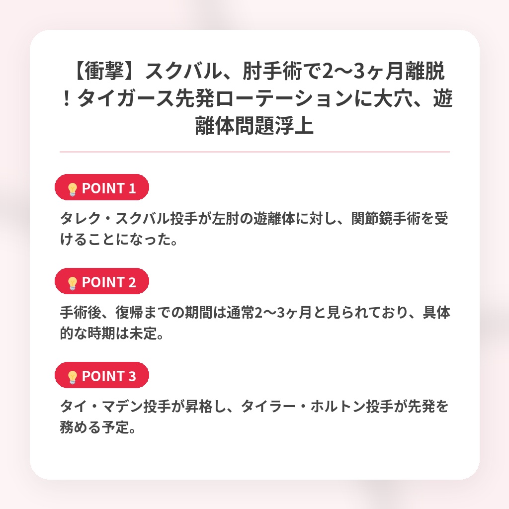 【衝撃】スクバル、肘手術で2～3ヶ月離脱！タイガース先発ローテーションに大穴、遊離体問題浮上の注目ポイントまとめ