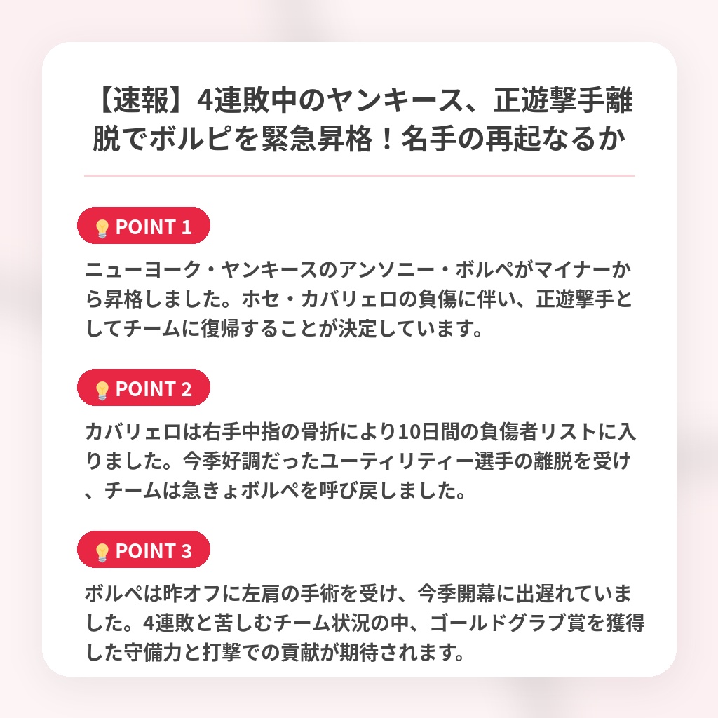 【速報】4連敗中のヤンキース、正遊撃手離脱でボルピを緊急昇格！名手の再起なるかの注目ポイントまとめ