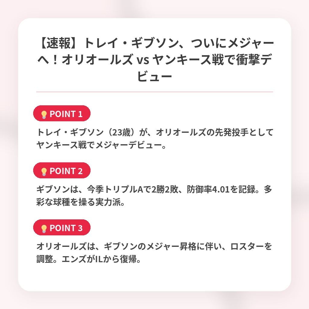 【速報】トレイ・ギブソン、ついにメジャーへ！オリオールズ vs ヤンキース戦で衝撃デビューの注目ポイントまとめ