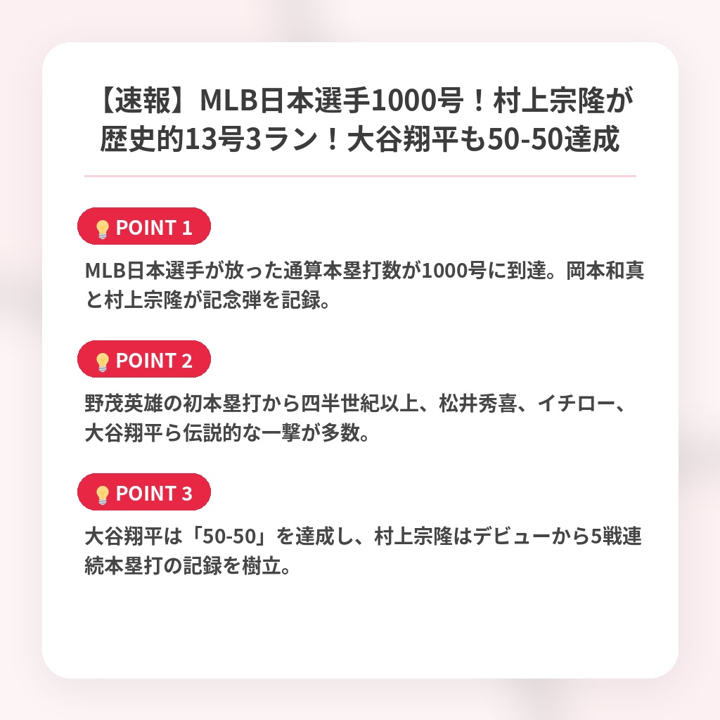 【速報】MLB日本選手1000号！村上宗隆が歴史的13号3ラン！大谷翔平も50-50達成の注目ポイントまとめ