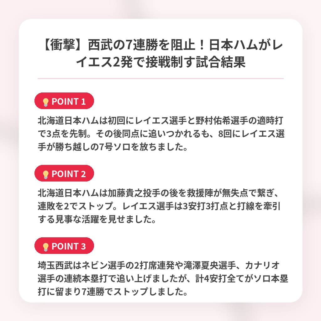 【衝撃】西武の7連勝を阻止！日本ハムがレイエス2発で接戦制す試合結果の注目ポイントまとめ