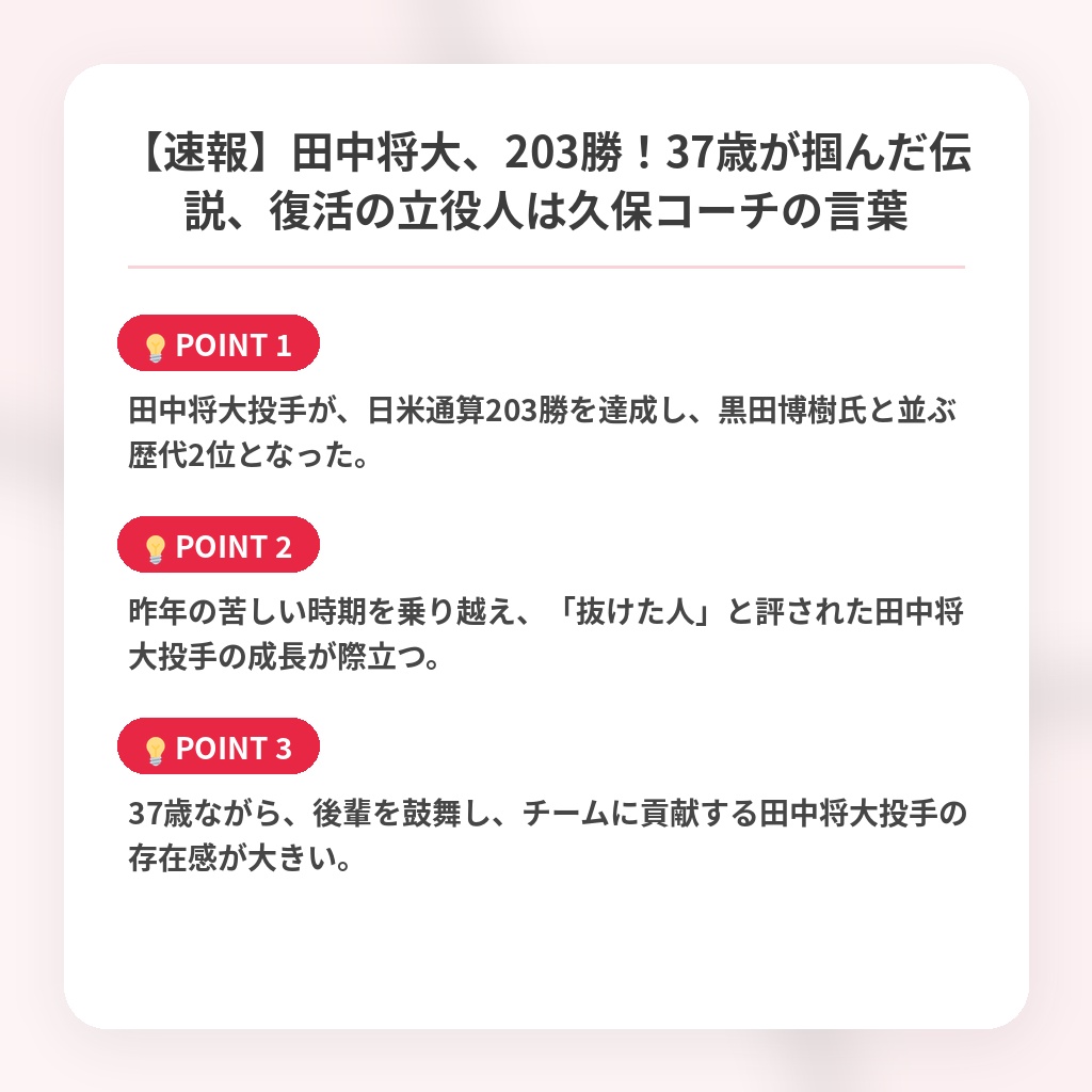 【速報】田中将大、203勝！37歳が掴んだ伝説、復活の立役人は久保コーチの言葉の注目ポイントまとめ
