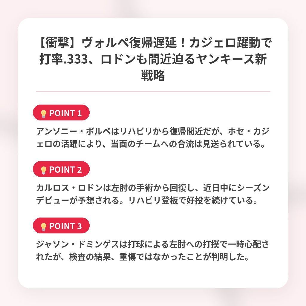 【衝撃】ヴォルペ復帰遅延！カジェロ躍動で打率.333、ロドンも間近迫るヤンキース新戦略の注目ポイントまとめ