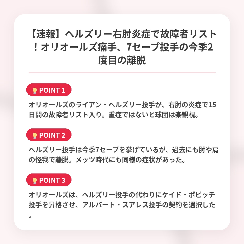 【速報】ヘルズリー右肘炎症で故障者リスト！オリオールズ痛手、7セーブ投手の今季2度目の離脱の注目ポイントまとめ