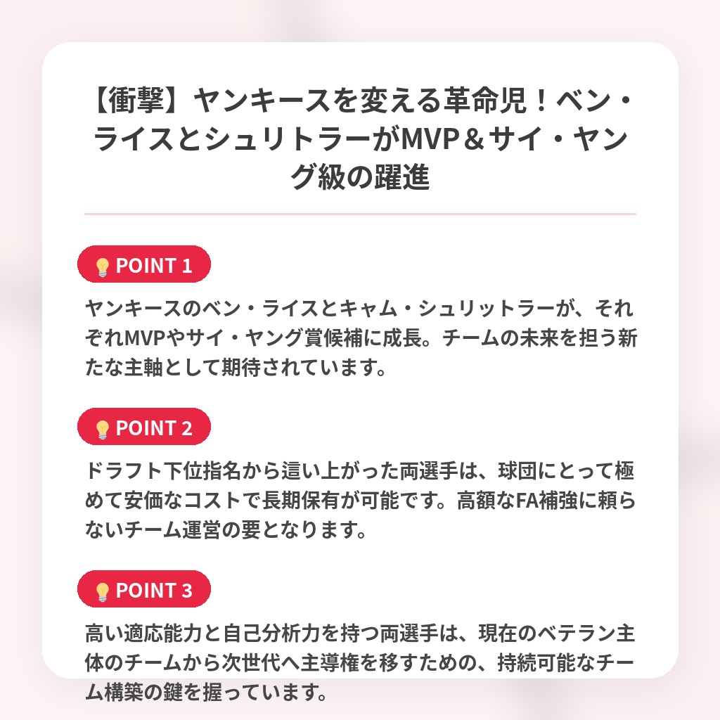【衝撃】ヤンキースを変える革命児!ベン・ライスとシュリトラーがMVP&サイ・ヤング級の躍進の注目ポイントまとめ