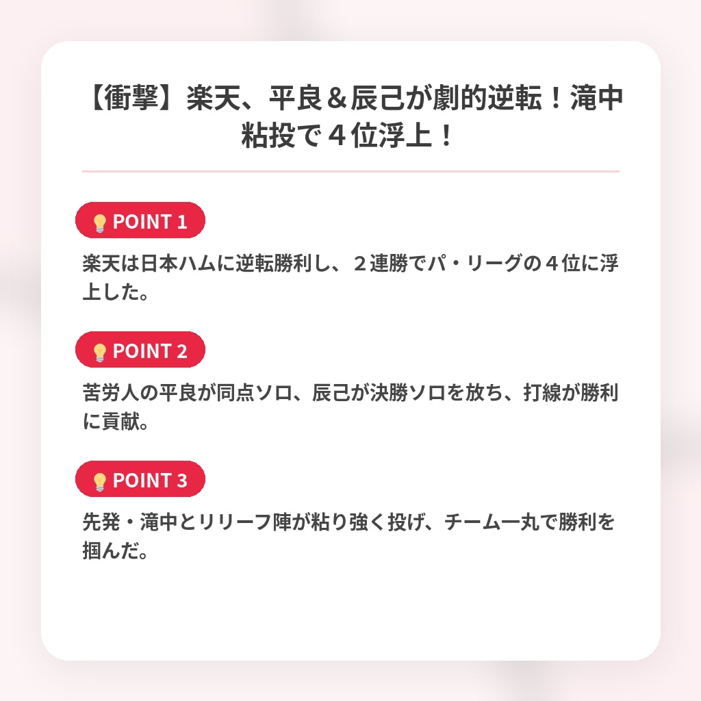 【衝撃】楽天、平良＆辰己が劇的逆転！滝中粘投で４位浮上！の注目ポイントまとめ