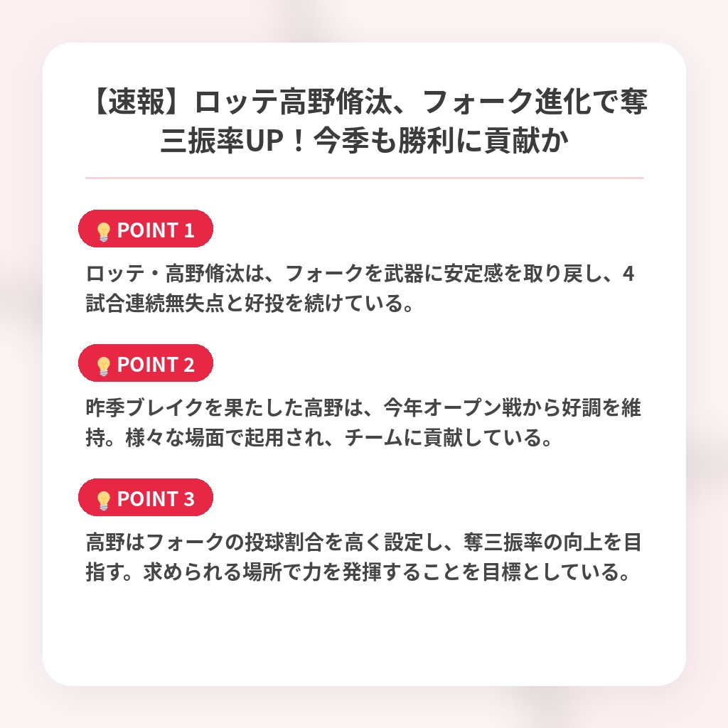 【速報】ロッテ高野脩汰、フォーク進化で奪三振率UP！今季も勝利に貢献かの注目ポイントまとめ