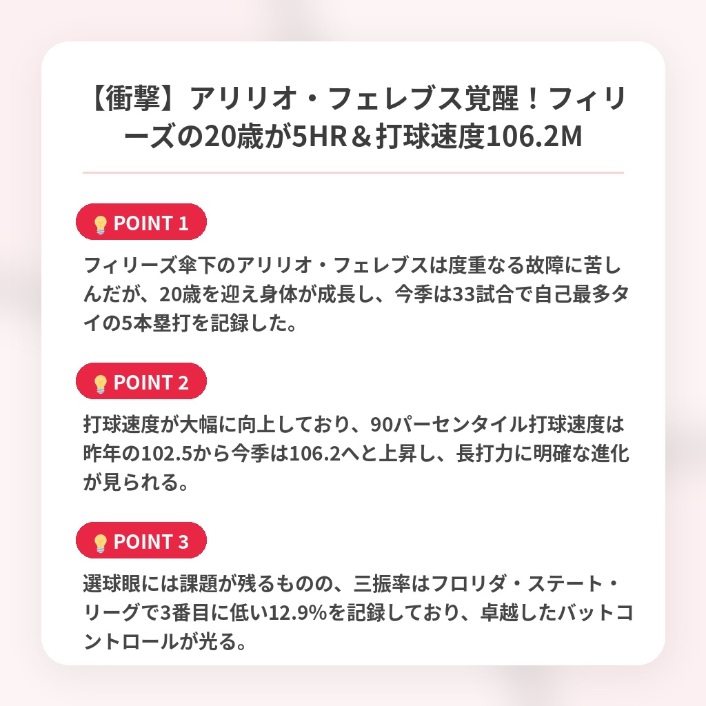 【衝撃】アリリオ・フェレブス覚醒！フィリーズの20歳が5HR＆打球速度106.2Mの注目ポイントまとめ