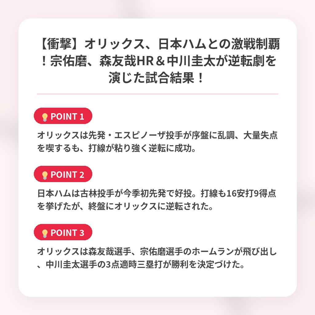 【衝撃】オリックス、日本ハムとの激戦制覇！宗佑磨、森友哉HR＆中川圭太が逆転劇を演じた試合結果！の注目ポイントまとめ