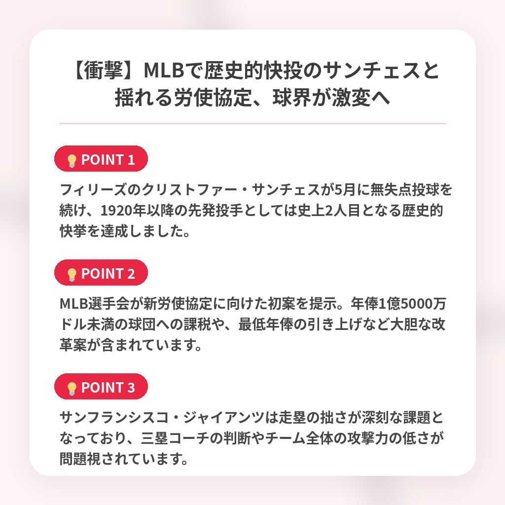 【衝撃】MLBで歴史的快投のサンチェスと揺れる労使協定、球界が激変への注目ポイントまとめ