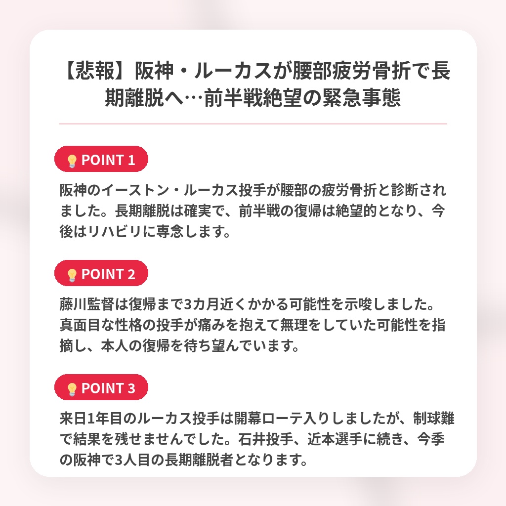 【悲報】阪神・ルーカスが腰部疲労骨折で長期離脱へ…前半戦絶望の緊急事態の注目ポイントまとめ