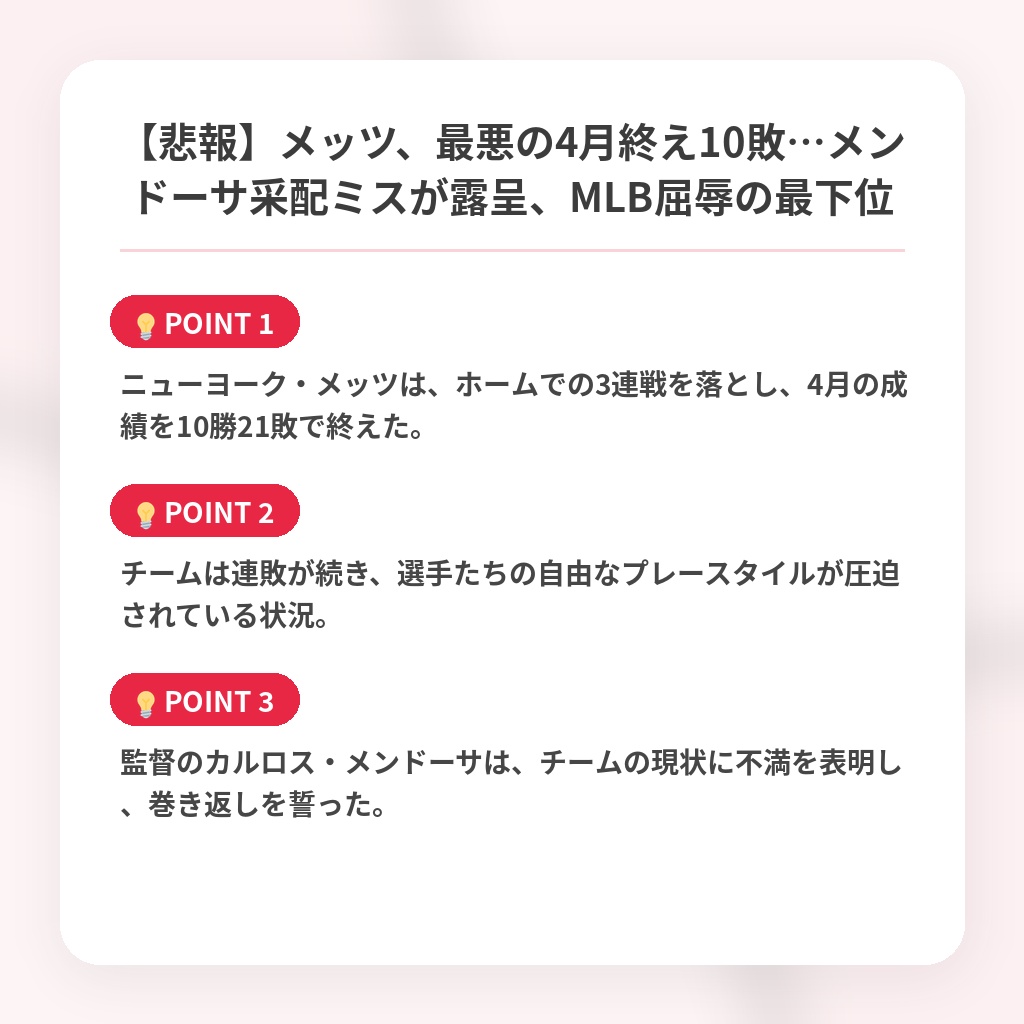 【悲報】メッツ、最悪の4月終え10敗…メンドーサ采配ミスが露呈、MLB屈辱の最下位の注目ポイントまとめ
