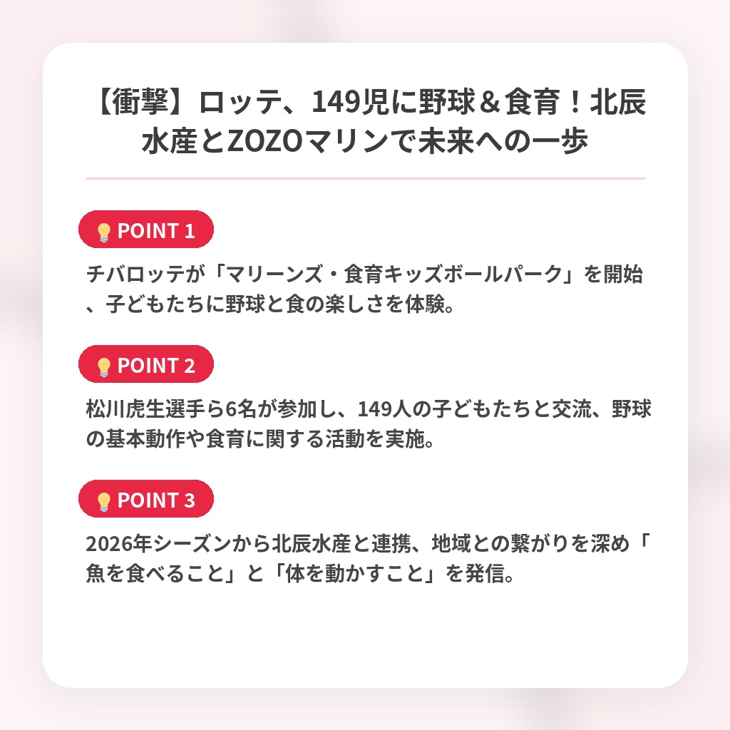 【衝撃】ロッテ、149児に野球＆食育！北辰水産とZOZOマリンで未来への一歩の注目ポイントまとめ