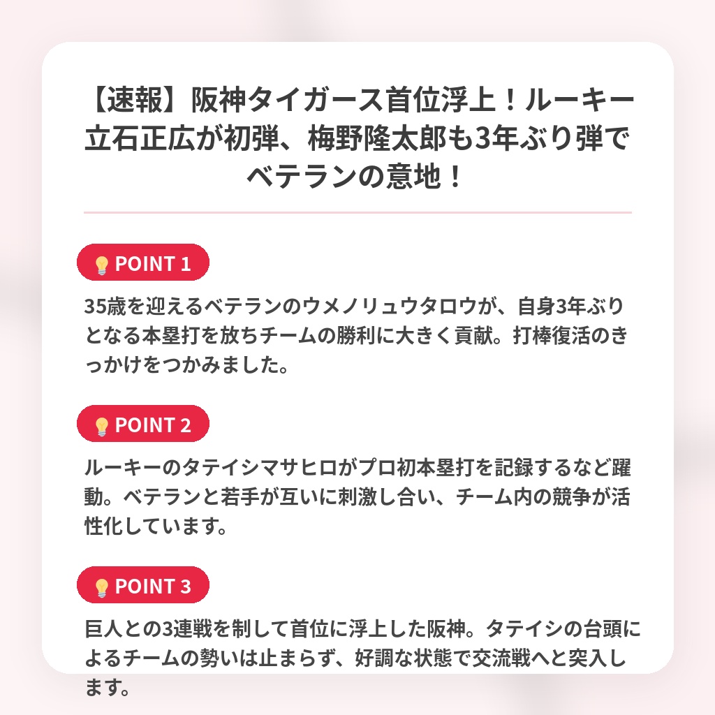 【速報】阪神タイガース首位浮上！ルーキー立石正広が初弾、梅野隆太郎も3年ぶり弾でベテランの意地！の注目ポイントまとめ