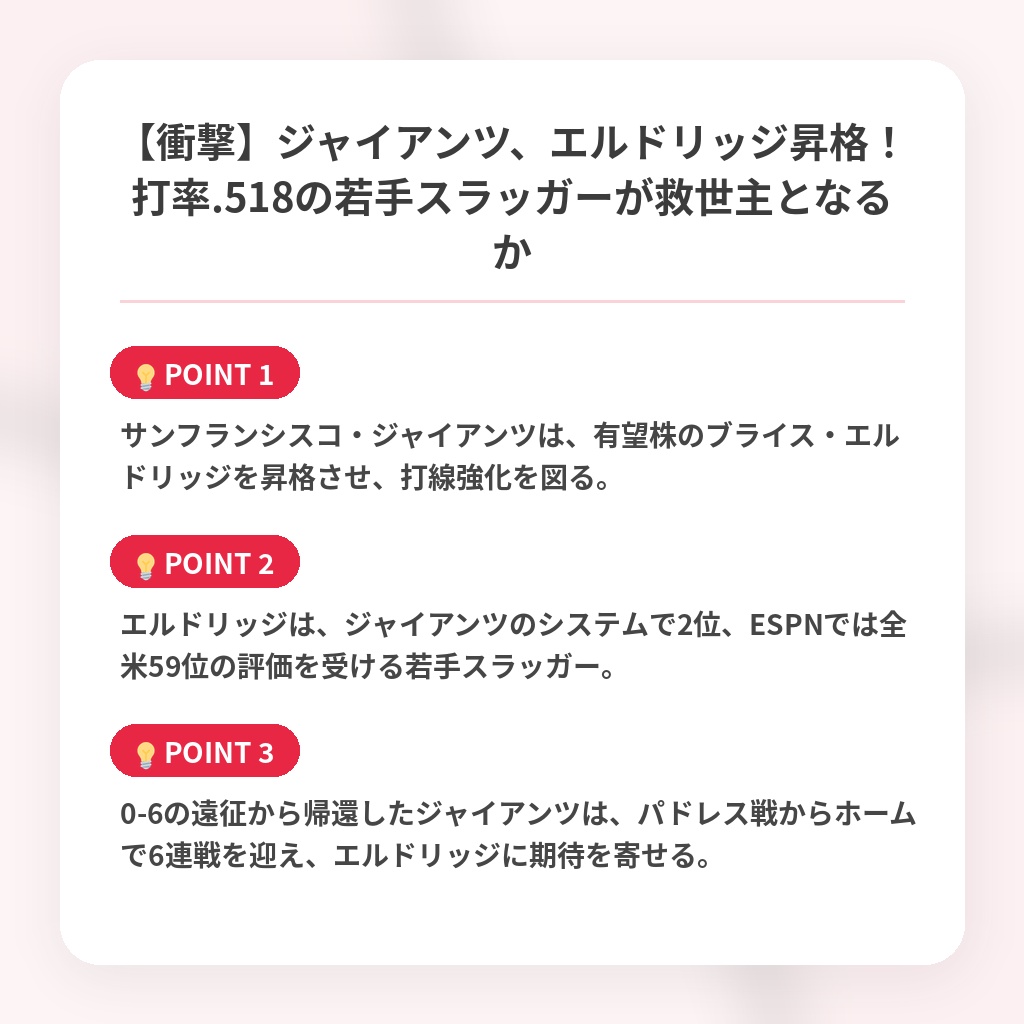 【衝撃】ジャイアンツ、エルドリッジ昇格！打率.518の若手スラッガーが救世主となるかの注目ポイントまとめ