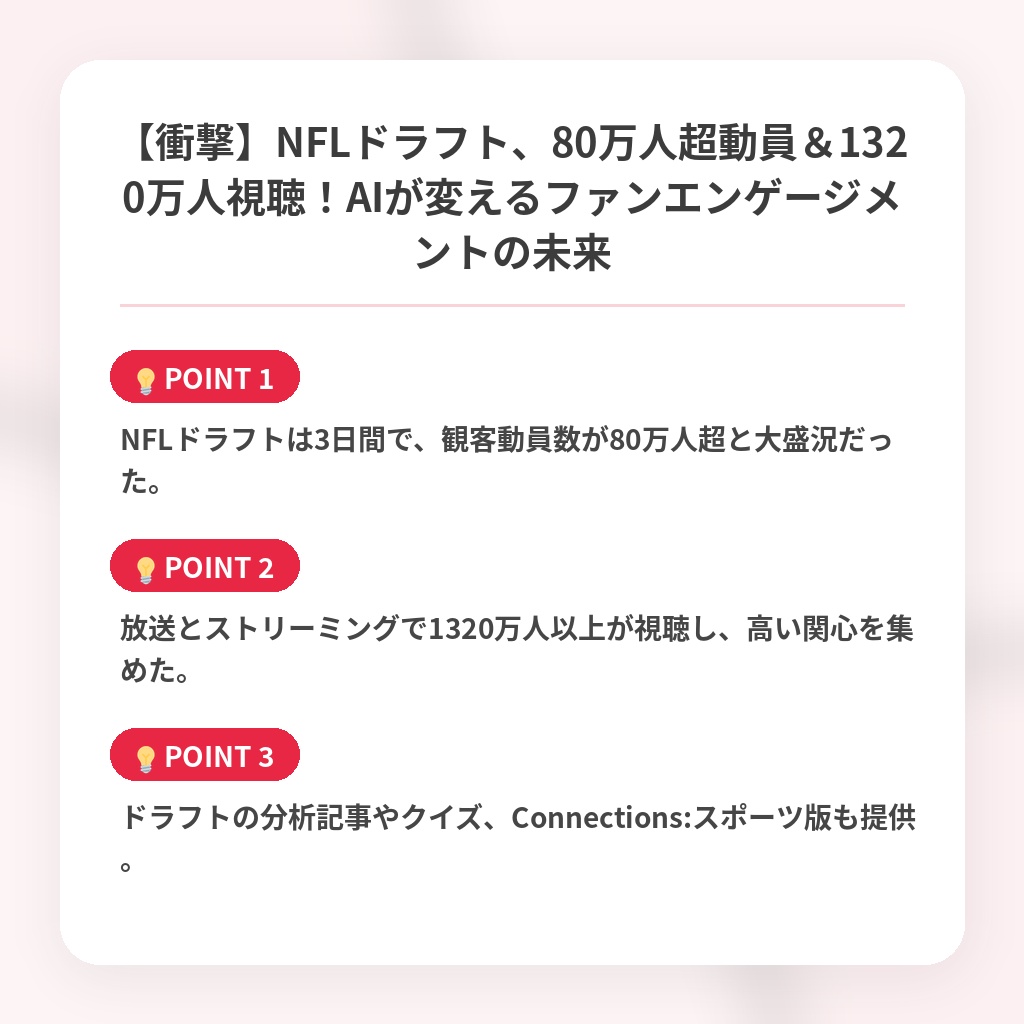 【衝撃】NFLドラフト、80万人超動員＆1320万人視聴！AIが変えるファンエンゲージメントの未来の注目ポイントまとめ