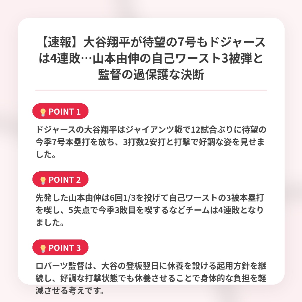 【速報】大谷翔平が待望の7号もドジャースは4連敗…山本由伸の自己ワースト3被弾と監督の過保護な決断の注目ポイントまとめ