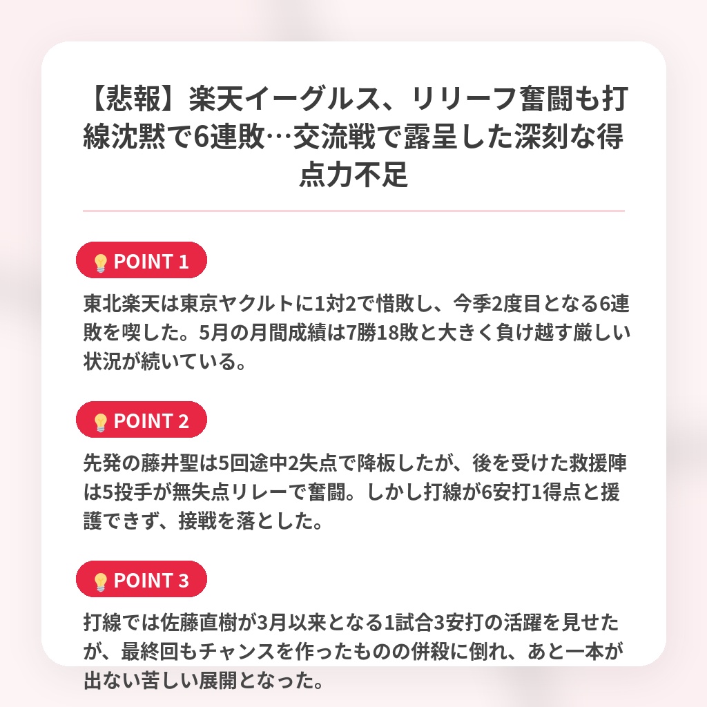 【悲報】楽天イーグルス、リリーフ奮闘も打線沈黙で6連敗…交流戦で露呈した深刻な得点力不足の注目ポイントまとめ