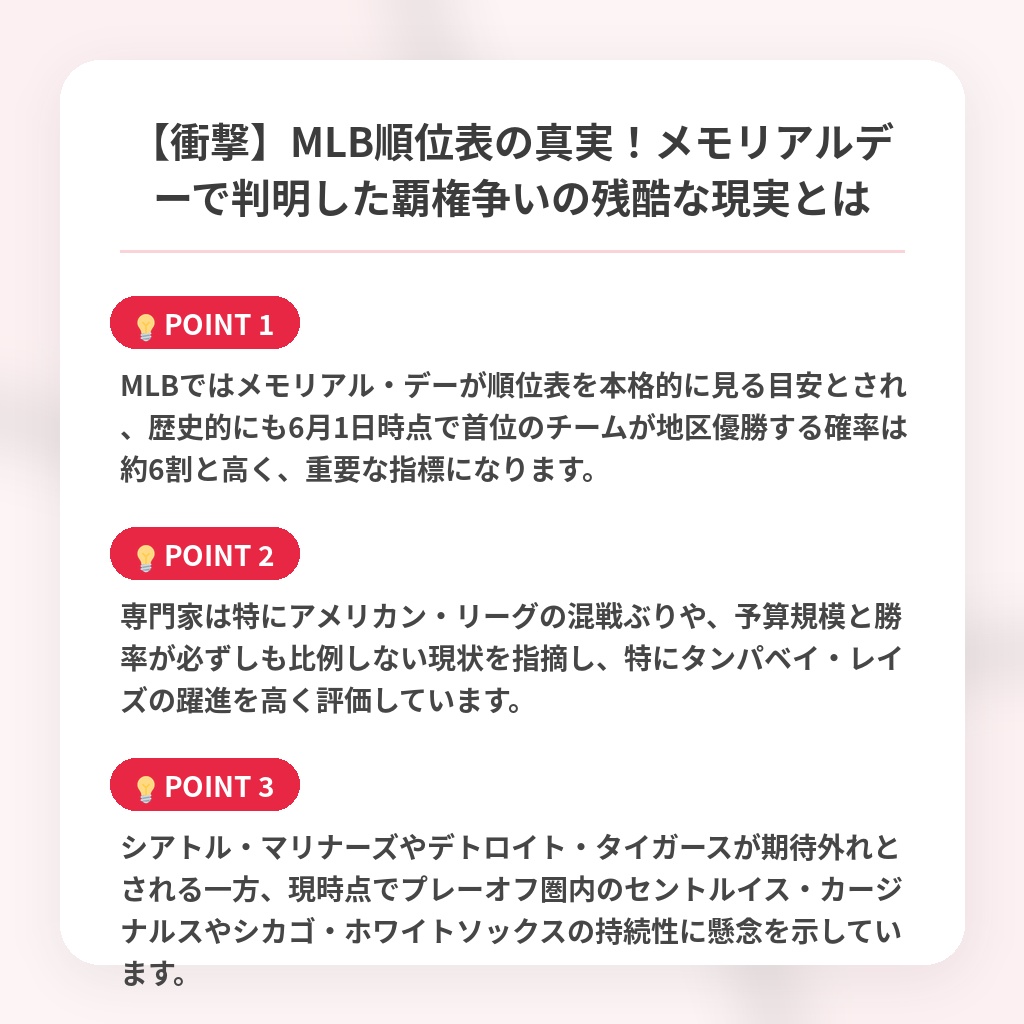 【衝撃】MLB順位表の真実！メモリアルデーで判明した覇権争いの残酷な現実とはの注目ポイントまとめ