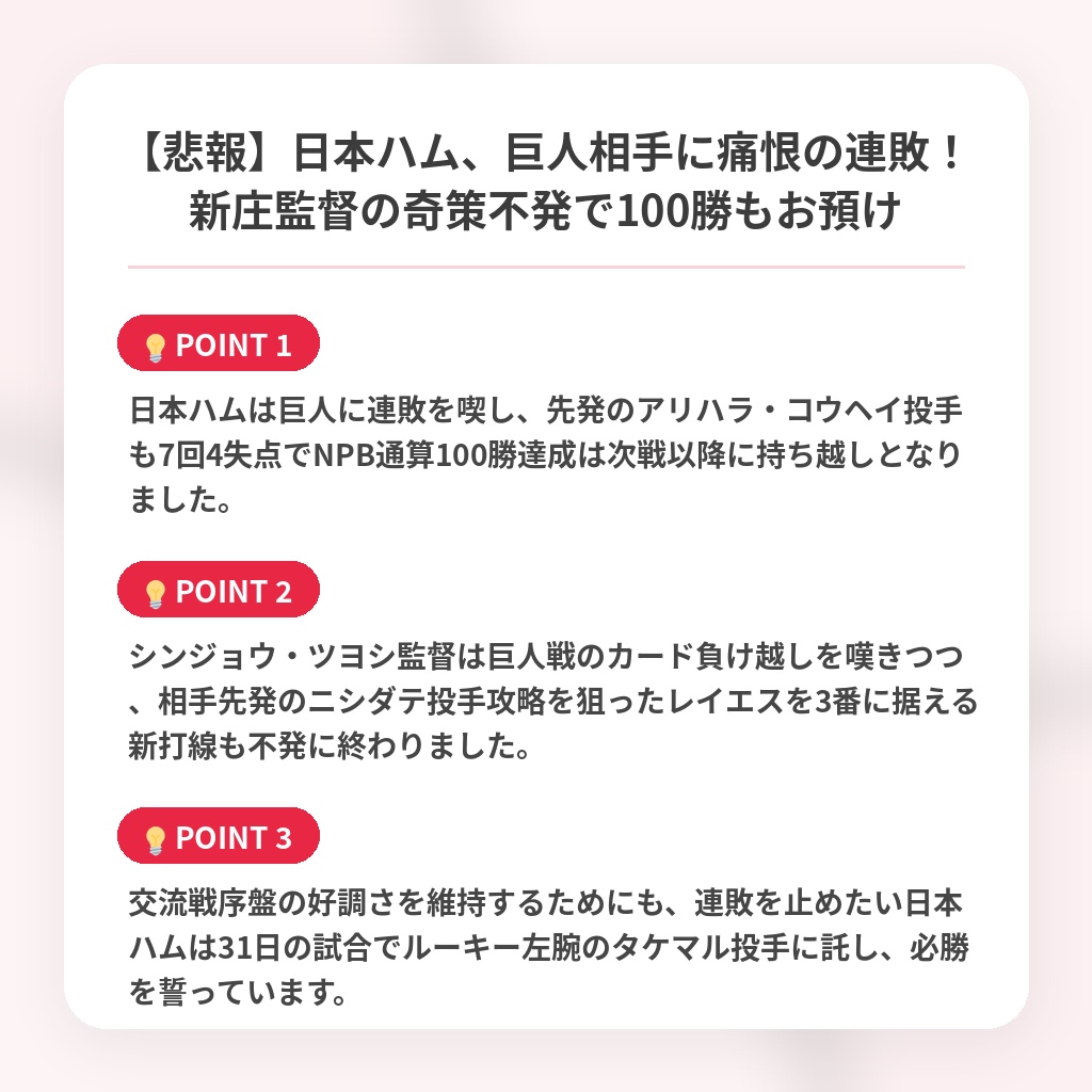 【悲報】日本ハム、巨人相手に痛恨の連敗！新庄監督の奇策不発で100勝もお預けの注目ポイントまとめ