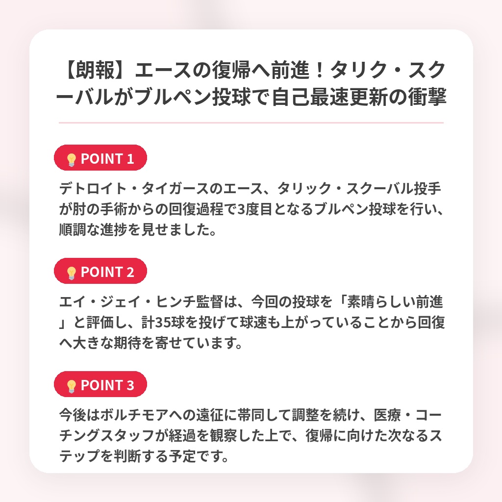 【朗報】エースの復帰へ前進！タリク・スクーバルがブルペン投球で自己最速更新の衝撃の注目ポイントまとめ