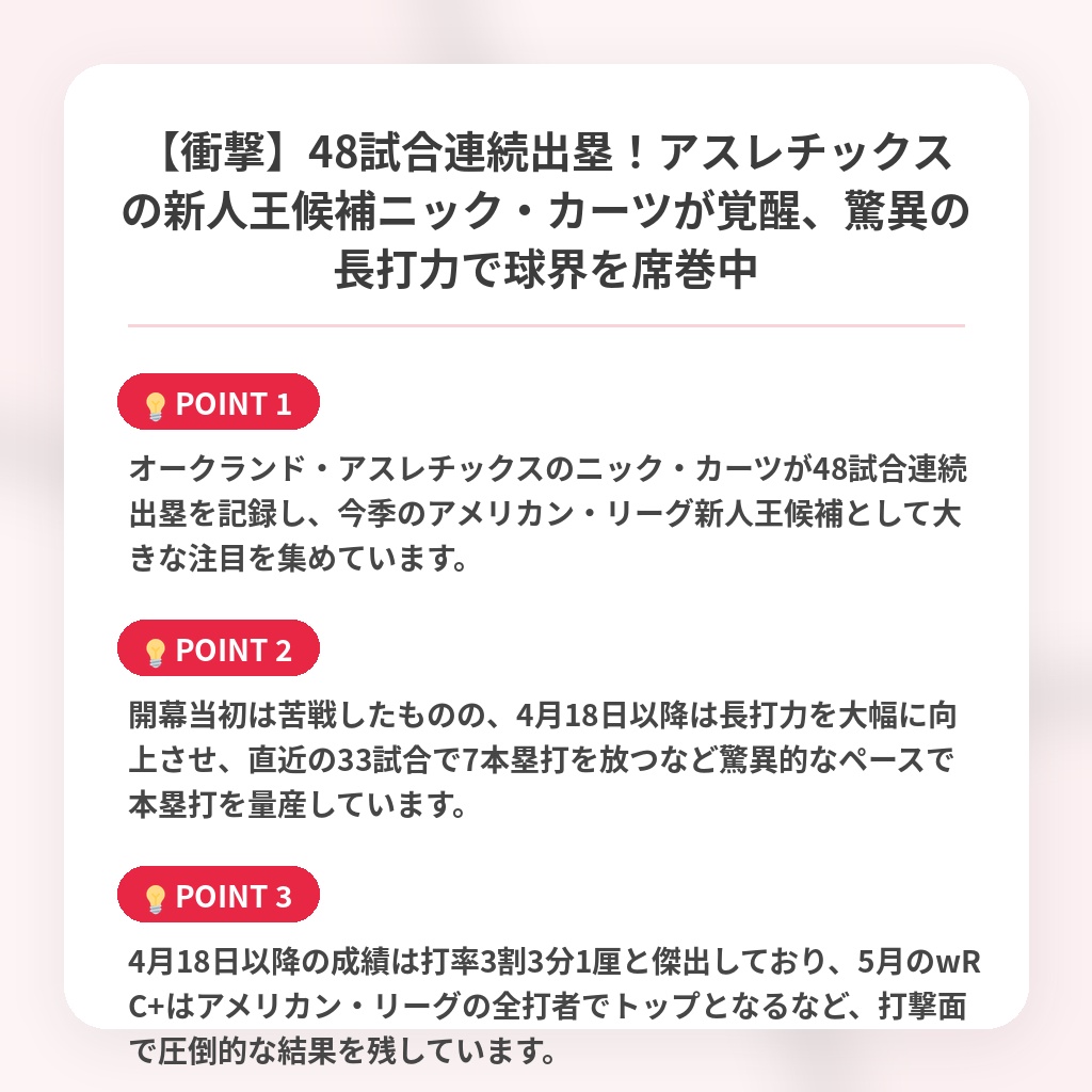 【衝撃】48試合連続出塁！アスレチックスの新人王候補ニック・カーツが覚醒、驚異の長打力で球界を席巻中の注目ポイントまとめ