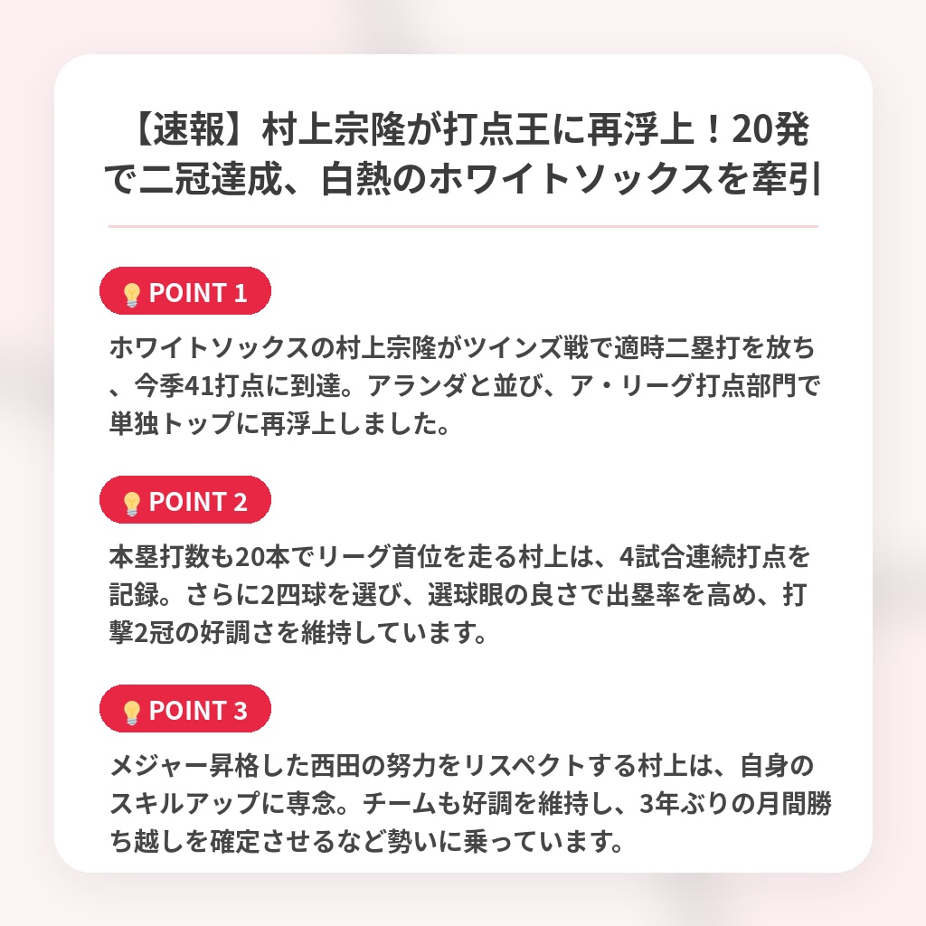 【速報】村上宗隆が打点王に再浮上！20発で二冠達成、白熱のホワイトソックスを牽引の注目ポイントまとめ