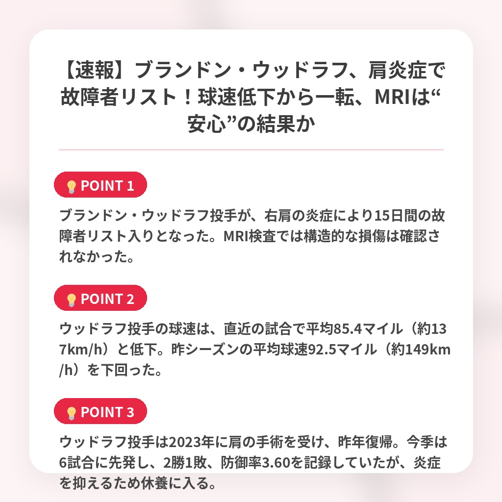 【速報】ブランドン・ウッドラフ、肩炎症で故障者リスト！球速低下から一転、MRIは“安心”の結果かの注目ポイントまとめ