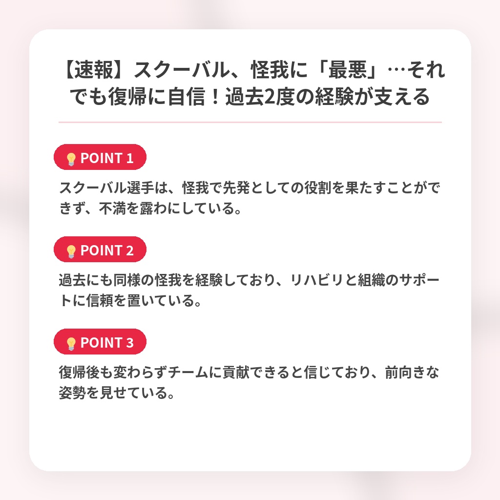 【速報】スクーバル、怪我に「最悪」…それでも復帰に自信！過去2度の経験が支えるの注目ポイントまとめ