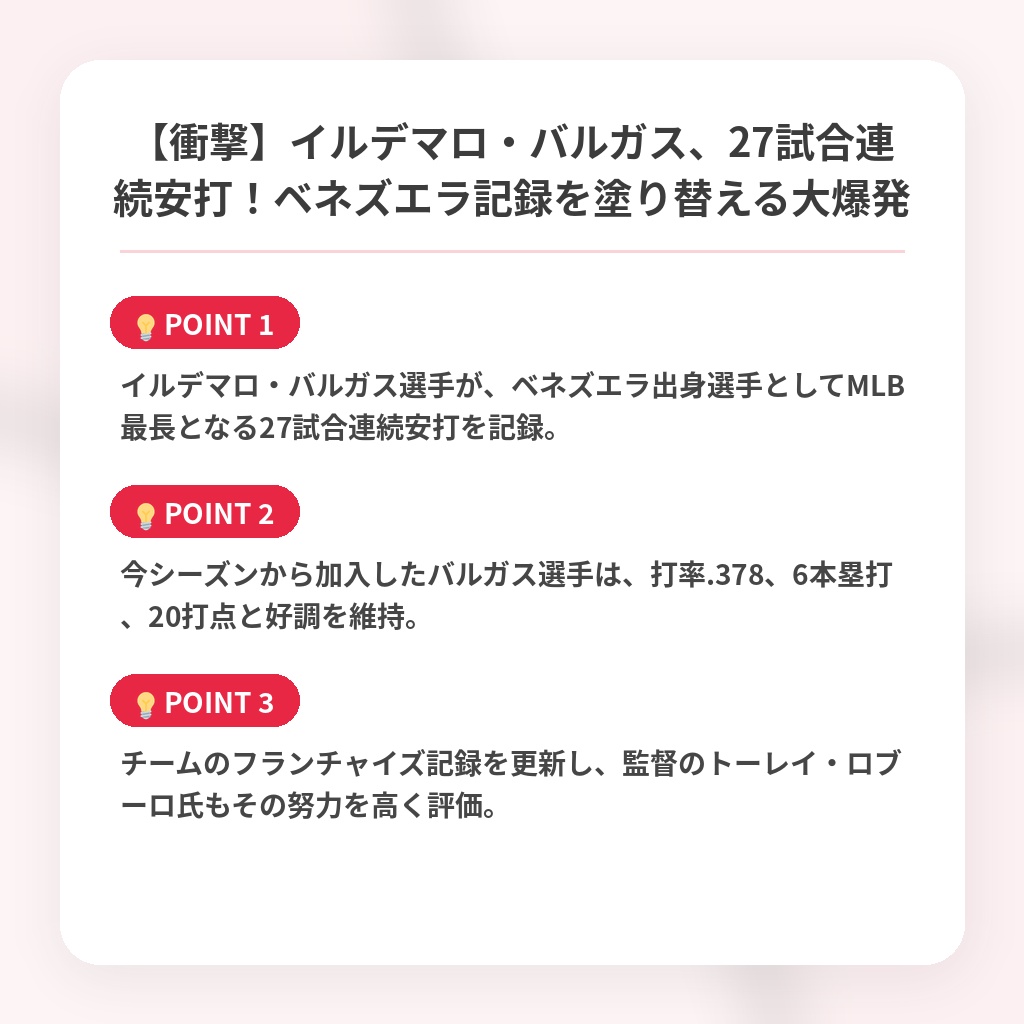 【衝撃】イルデマロ・バルガス、27試合連続安打！ベネズエラ記録を塗り替える大爆発の注目ポイントまとめ