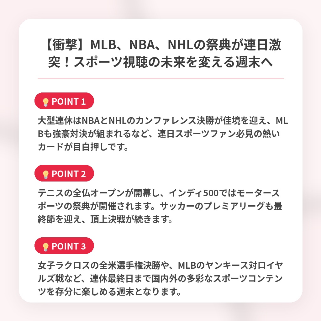 【衝撃】MLB、NBA、NHLの祭典が連日激突!スポーツ視聴の未来を変える週末への注目ポイントまとめ