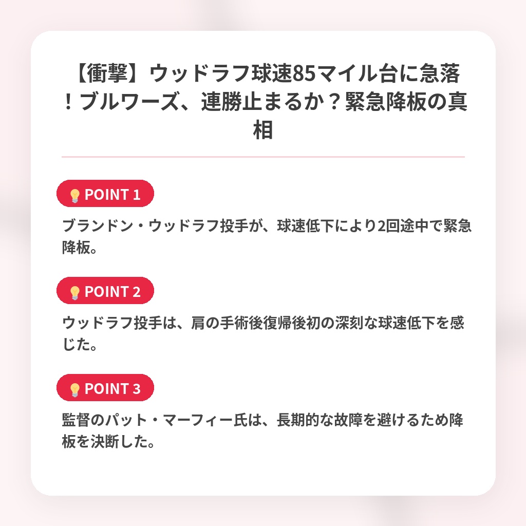 【衝撃】ウッドラフ球速85マイル台に急落！ブルワーズ、連勝止まるか？緊急降板の真相の注目ポイントまとめ