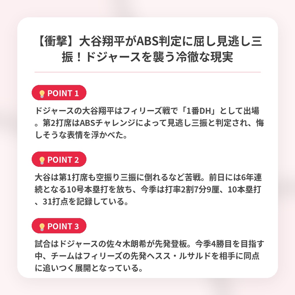 【衝撃】大谷翔平がABS判定に屈し見逃し三振！ドジャースを襲う冷徹な現実の注目ポイントまとめ