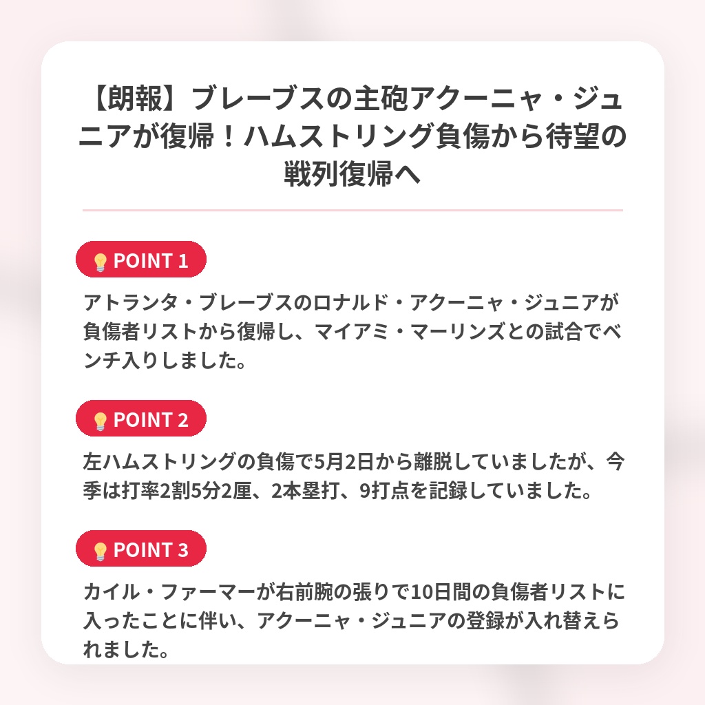 【朗報】ブレーブスの主砲アクーニャ・ジュニアが復帰！ハムストリング負傷から待望の戦列復帰への注目ポイントまとめ