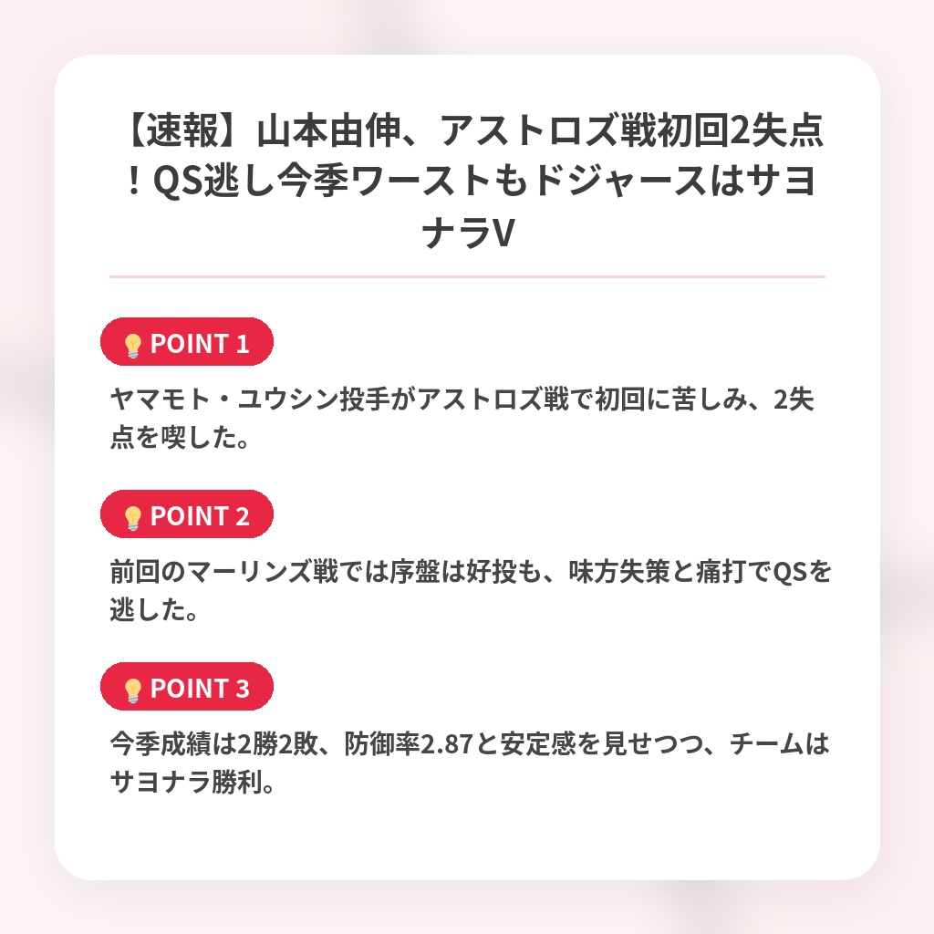 【速報】山本由伸、アストロズ戦初回2失点！QS逃し今季ワーストもドジャースはサヨナラVの注目ポイントまとめ