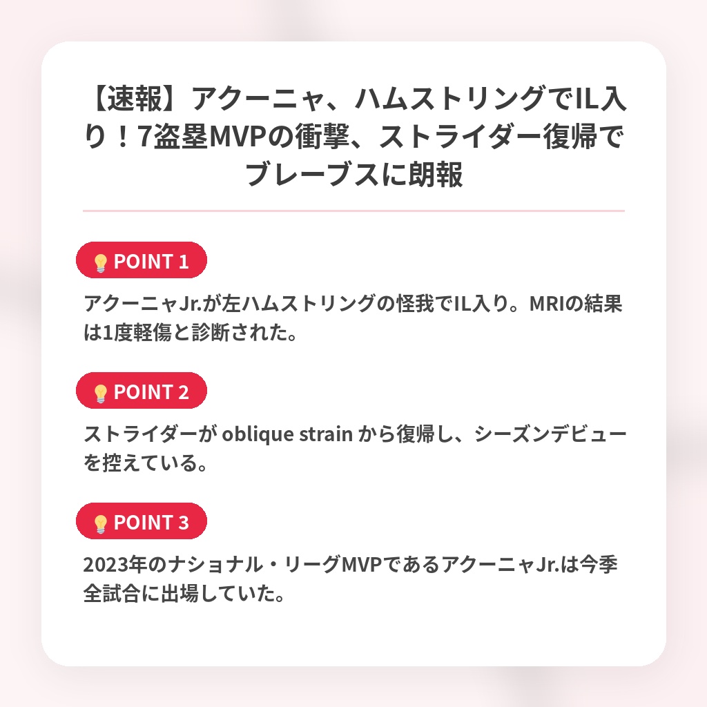 【速報】アクーニャ、ハムストリングでIL入り！7盗塁MVPの衝撃、ストライダー復帰でブレーブスに朗報の注目ポイントまとめ