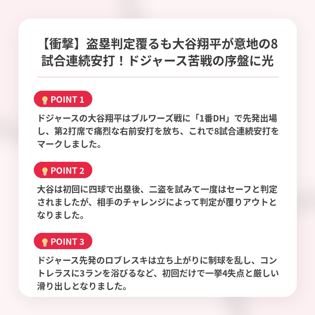【衝撃】盗塁判定覆るも大谷翔平が意地の8試合連続安打！ドジャース苦戦の序盤に光の注目ポイントまとめ